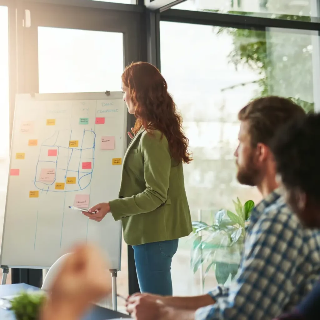 people looking at a board with pos it notes on during a meeting