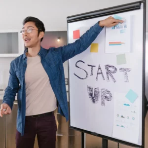 man stood in front of a whiteboard with startup information on