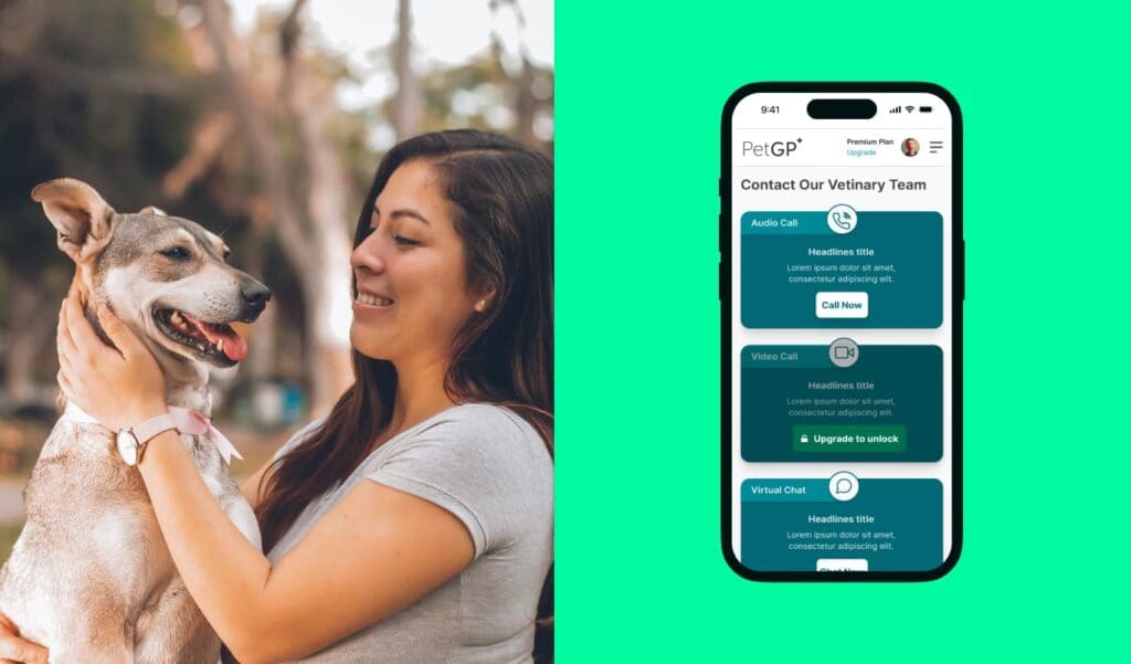 pet gp open in phone and owner with their dog