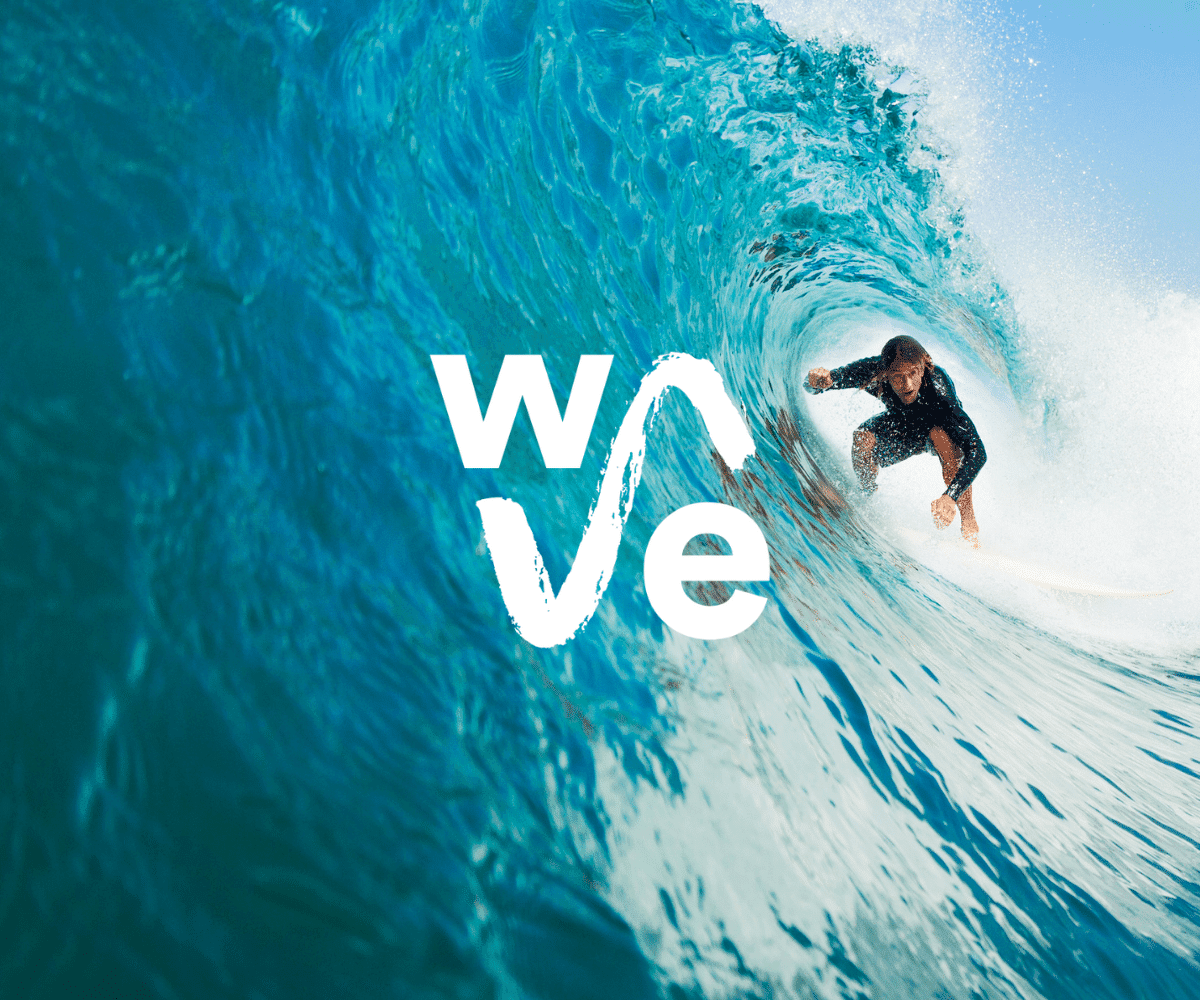 The Wave logo with a surfer background