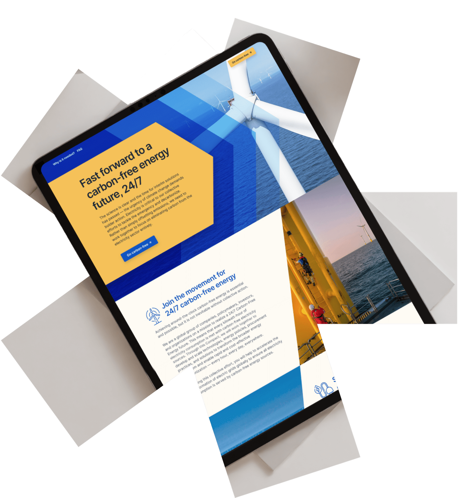 Carbon free energy 24/7 open on a tablet in an asterisks
