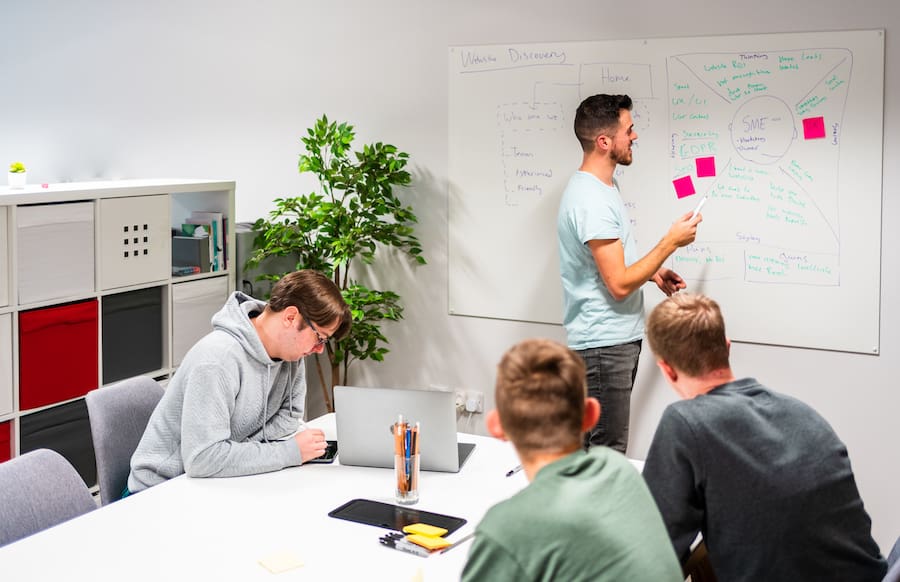 Team sat working together and Matt writing ideas on a whiteboard