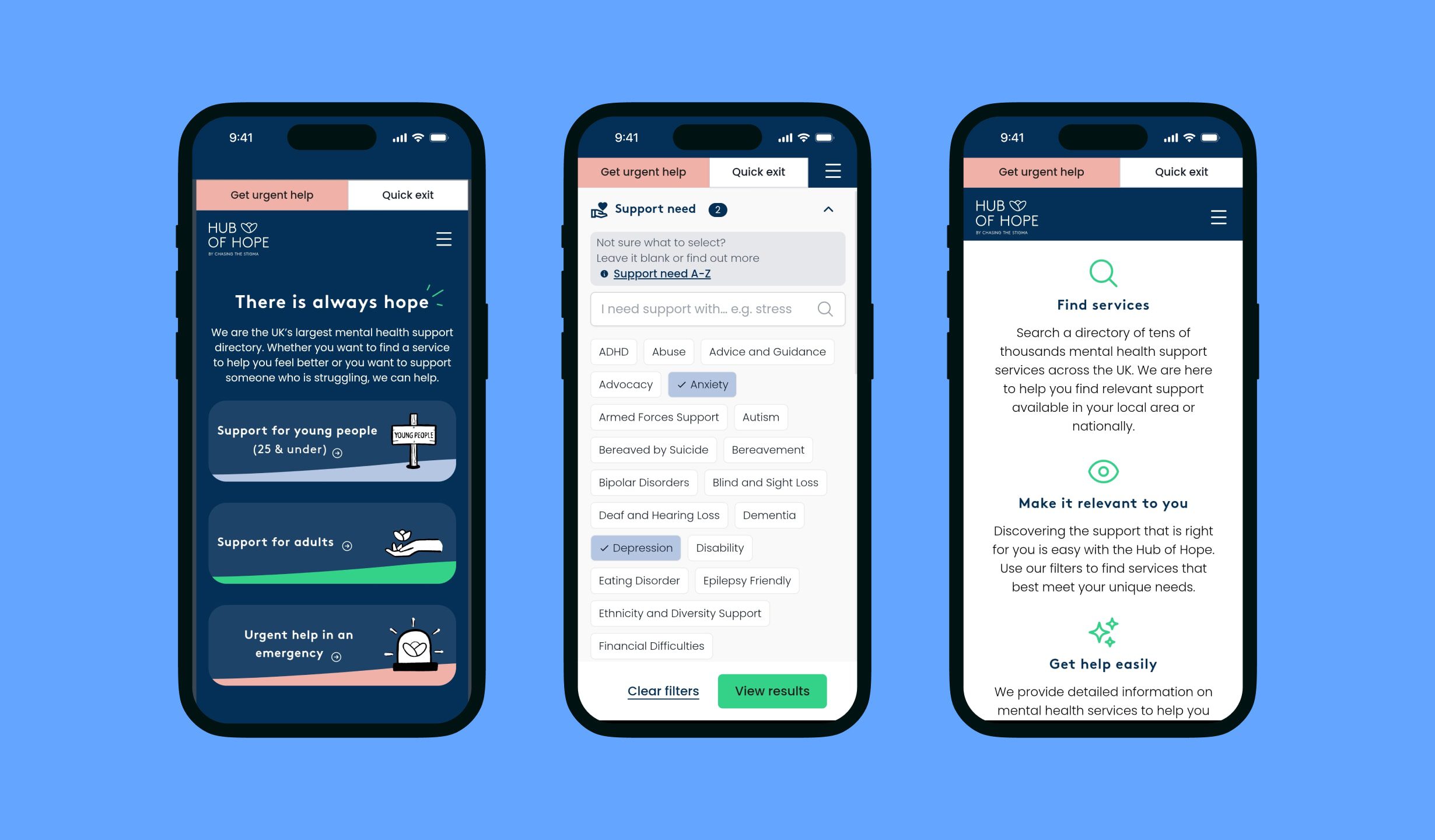3 mobile phones side by side displaying different pages of the Hub of Hope website, against a bright blue background.
