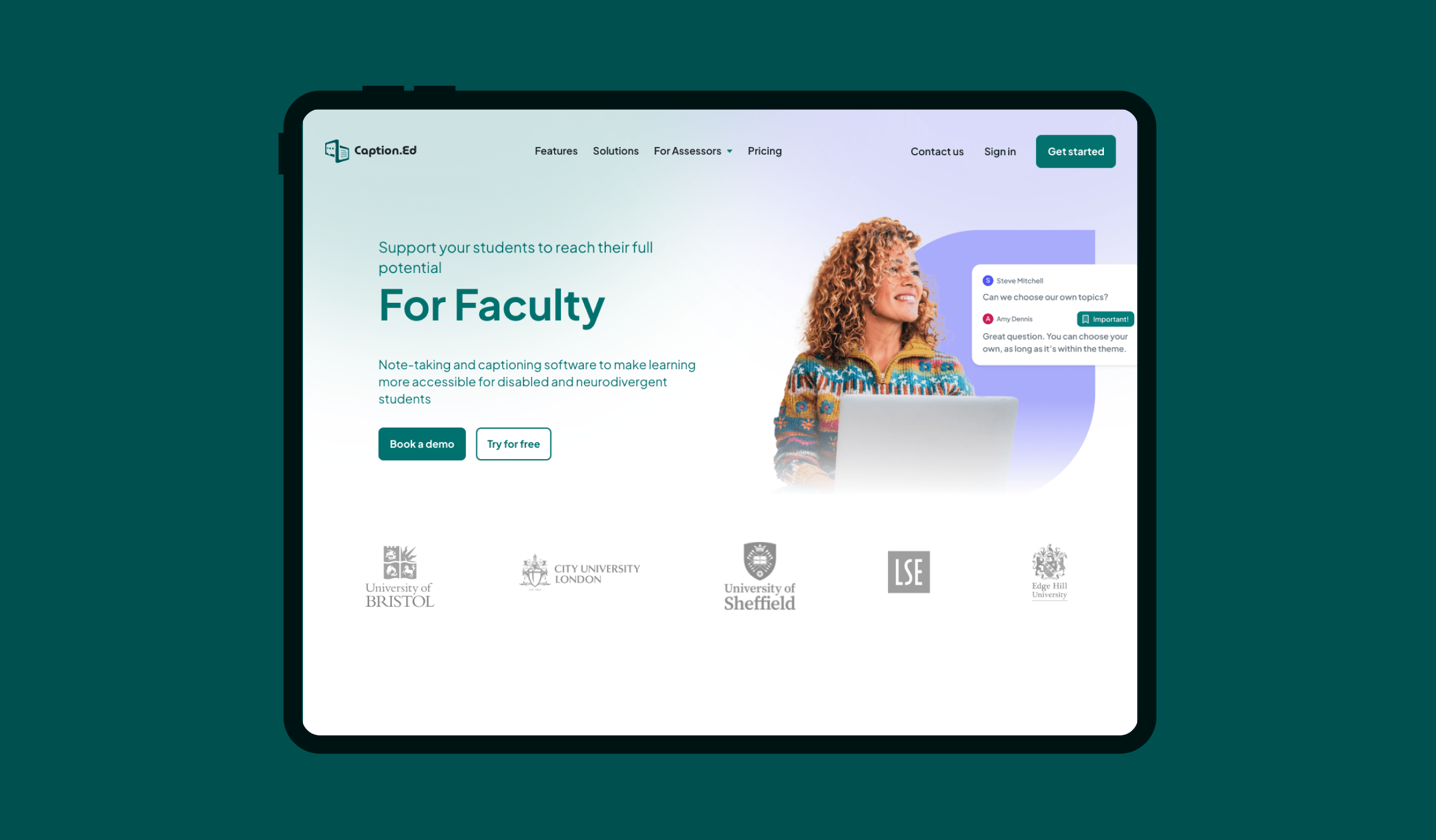 Caption.Ed website displayed on a tablet - on the for faculty page.