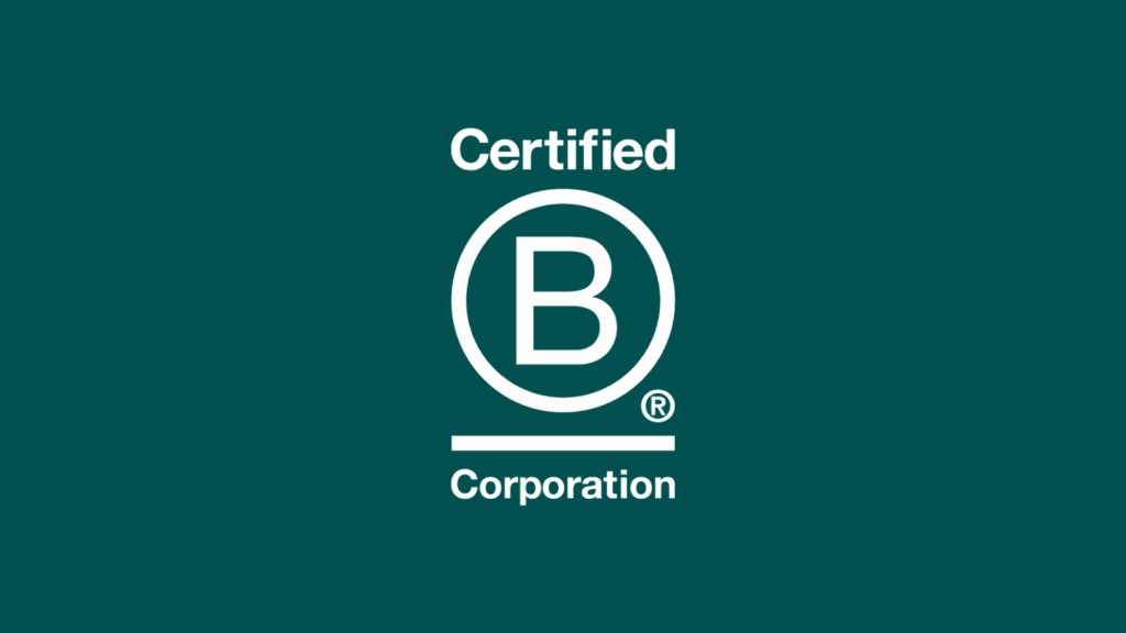 Certified B Corp logo in white on dark green.