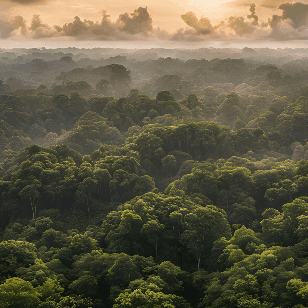 Misty rainforest treetops with a pale orange sky.
