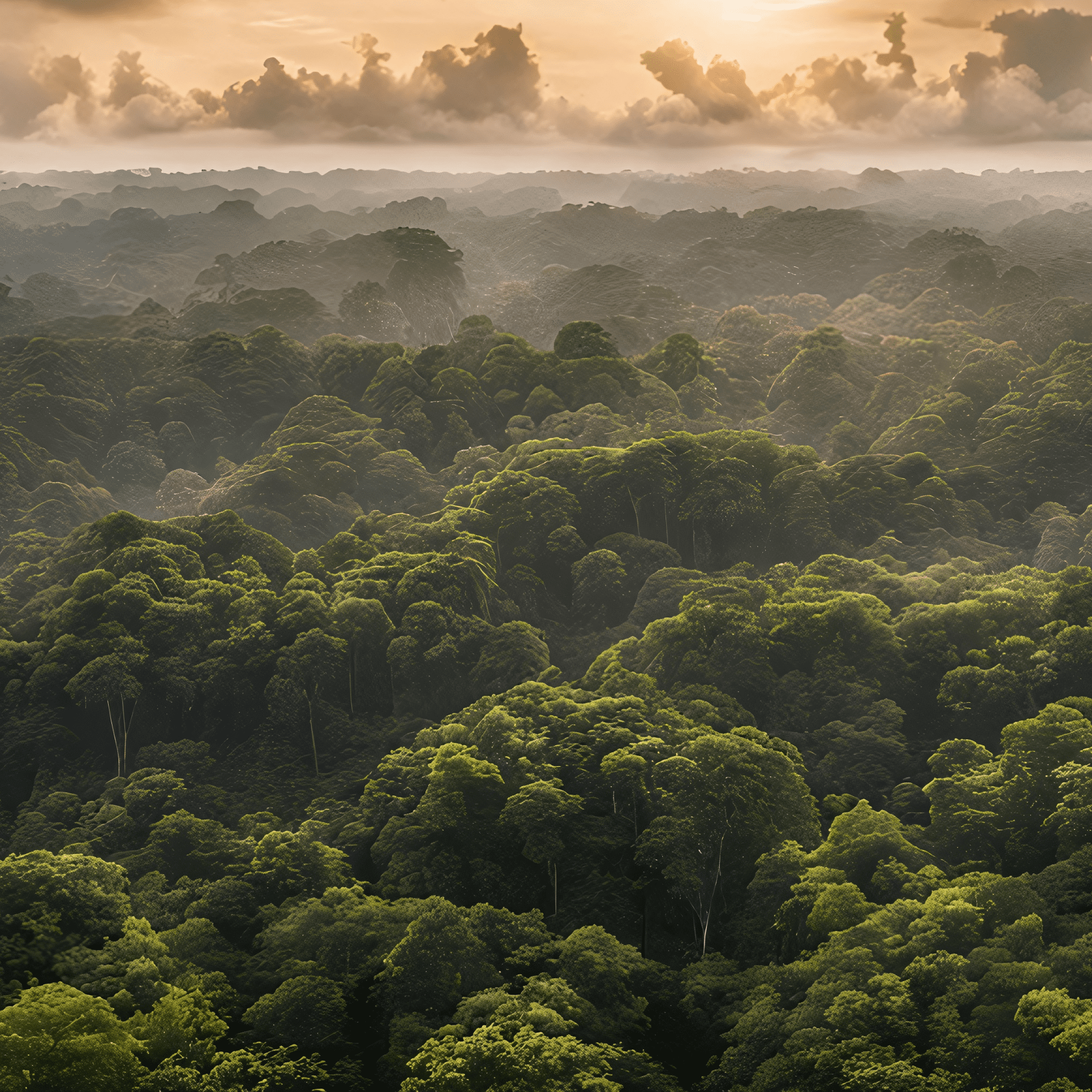 Misty rainforest treetops with a pale orange sky.