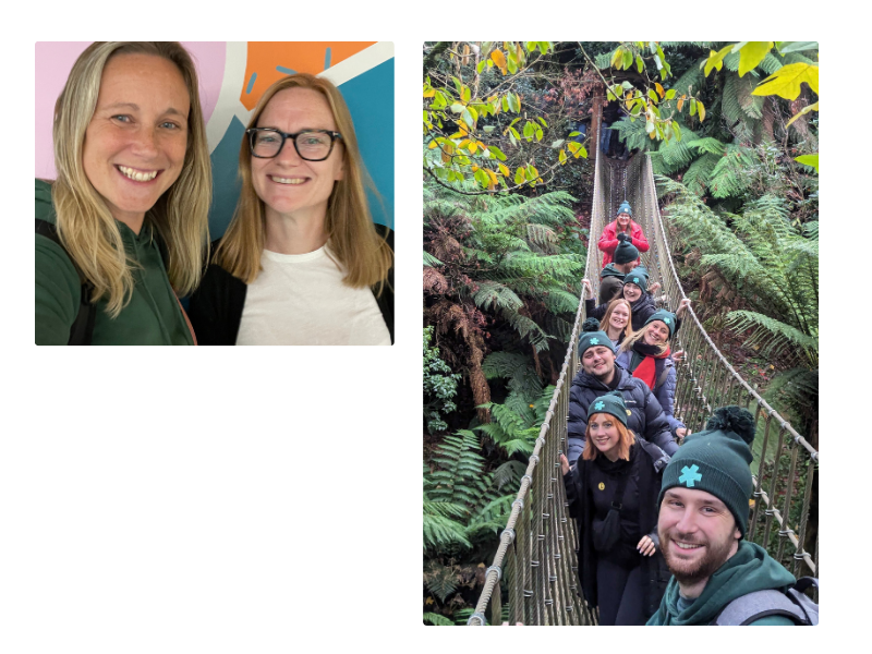 Hiyield careers collage team on rope bridge next to Laura and Kathryn smiling in next photo.