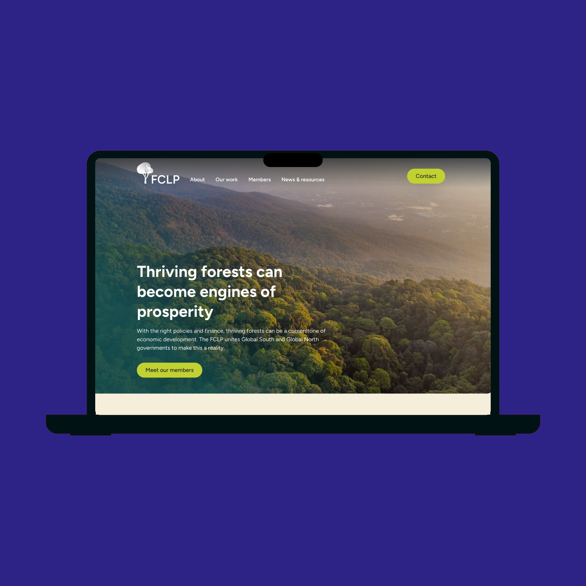 The Forest & Climate Leaders’ Partnership (FCLP) homepage shown on a laptop screen.