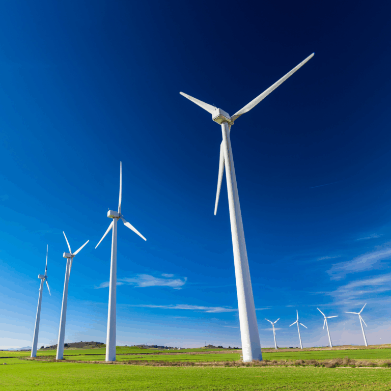 White wind turbines against a blue sky with green grass.