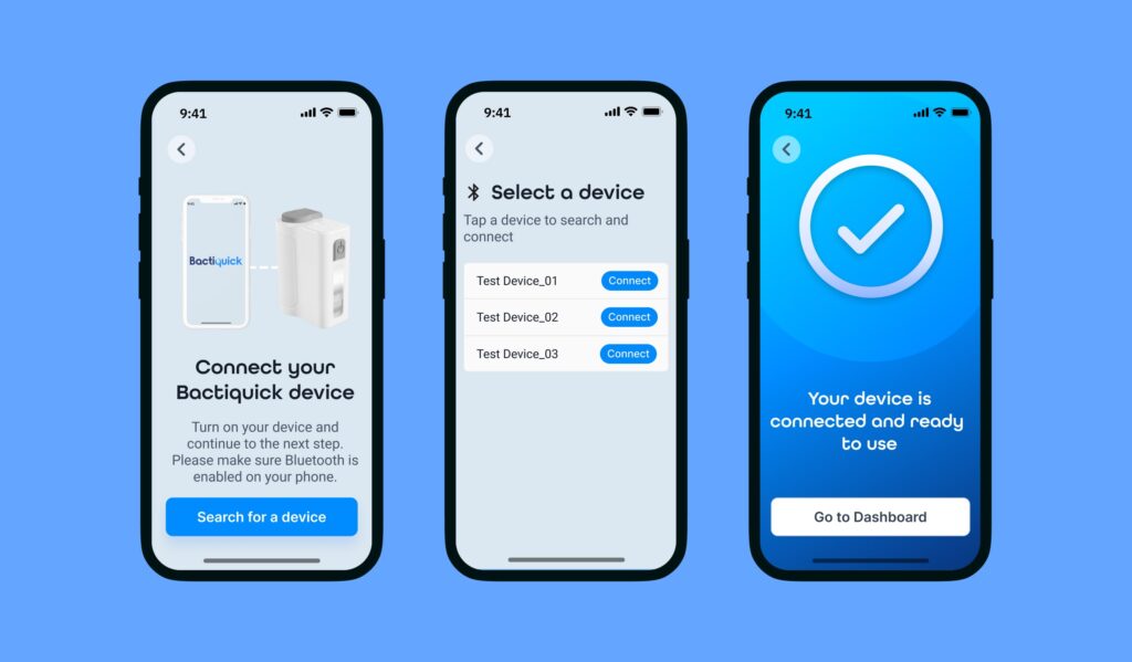 Three mobile phones displaying different screens of the Bactiquick app, against a bright blue background.