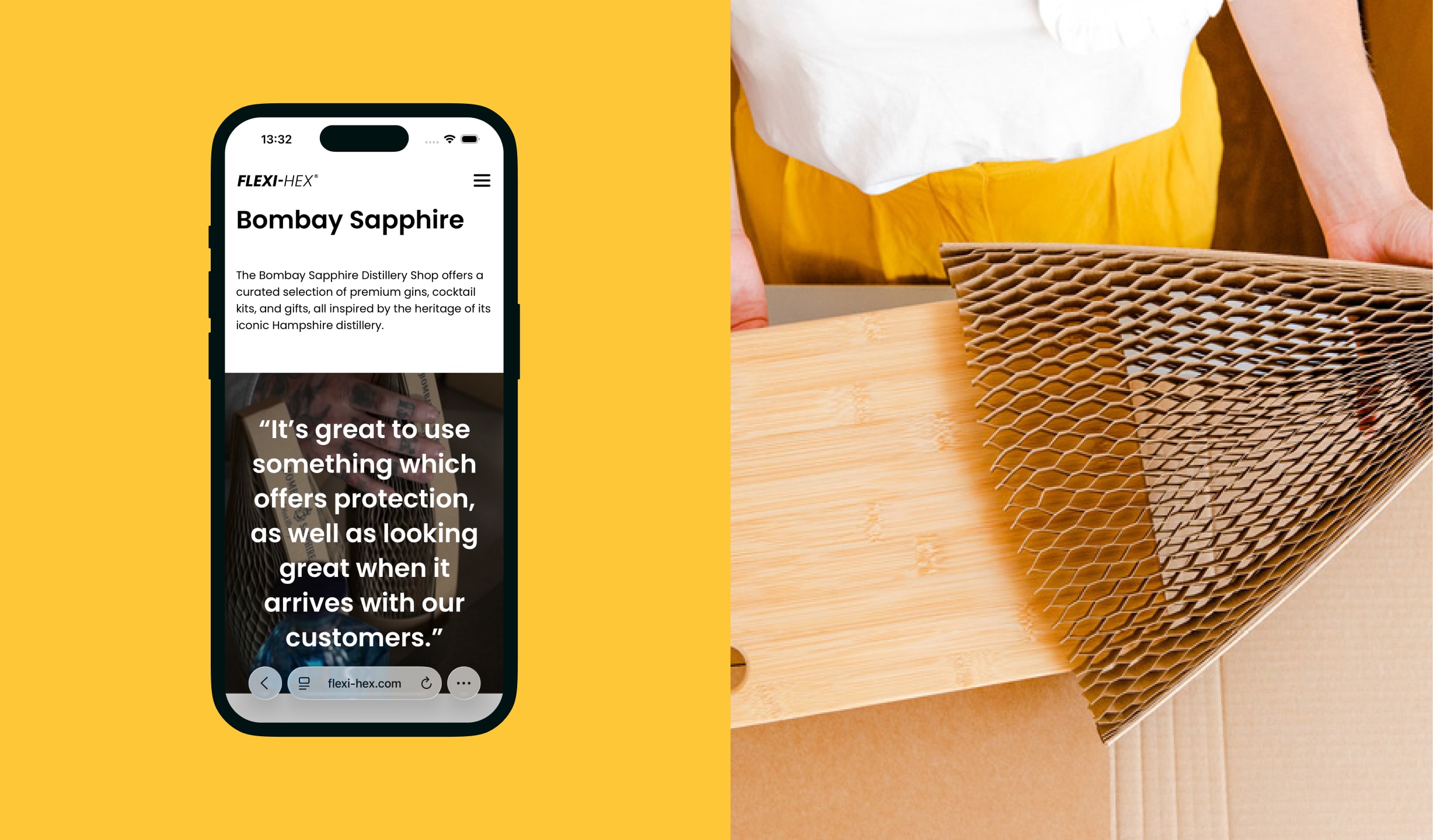 The new Flexi-Hex website on a mobile phone with a bright yellow background behind the computer.