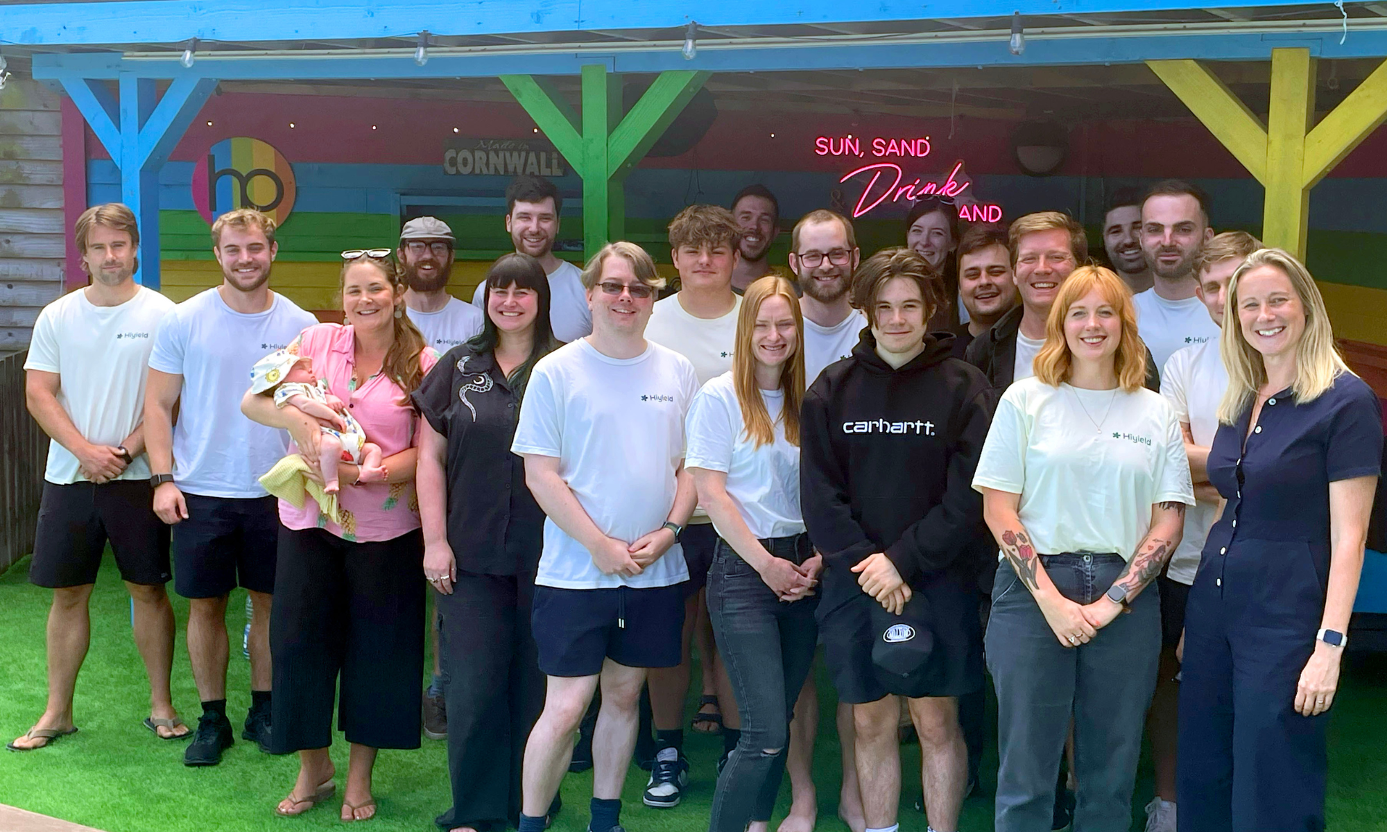 The Hiyield team posing by a pool in summer.