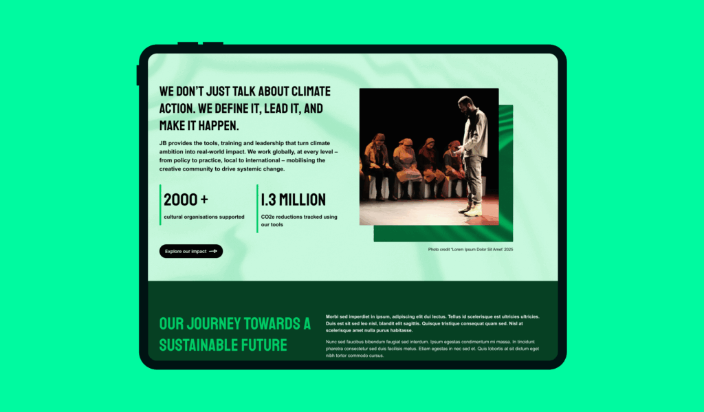 Julie's Bicycle website displayed on a tablet: we don't just talk about climate action. We define it, lead it, and make it happen.