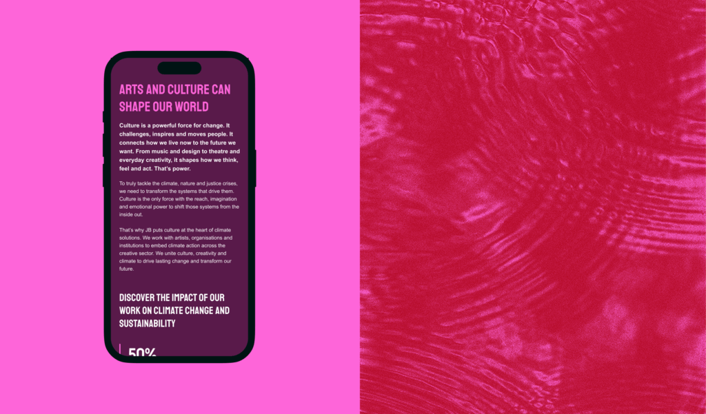 Julie's Bicycle website displayed on a mobile phone: arts and culture can shape our world.