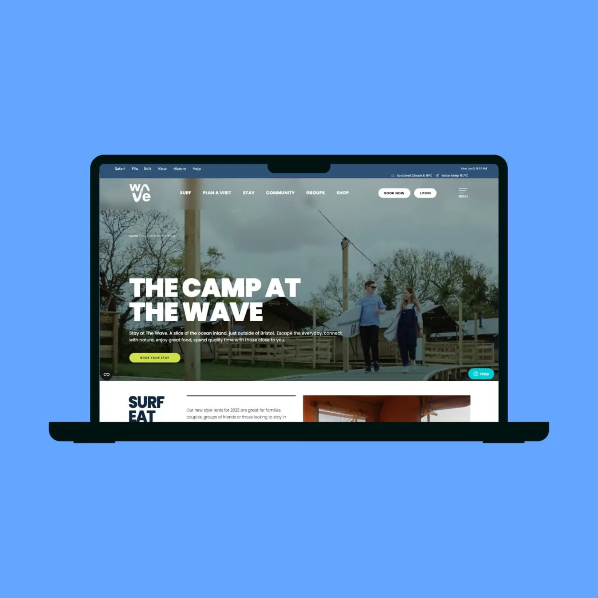 Camp at The Wave software shown on a laptop screen with a blue background.