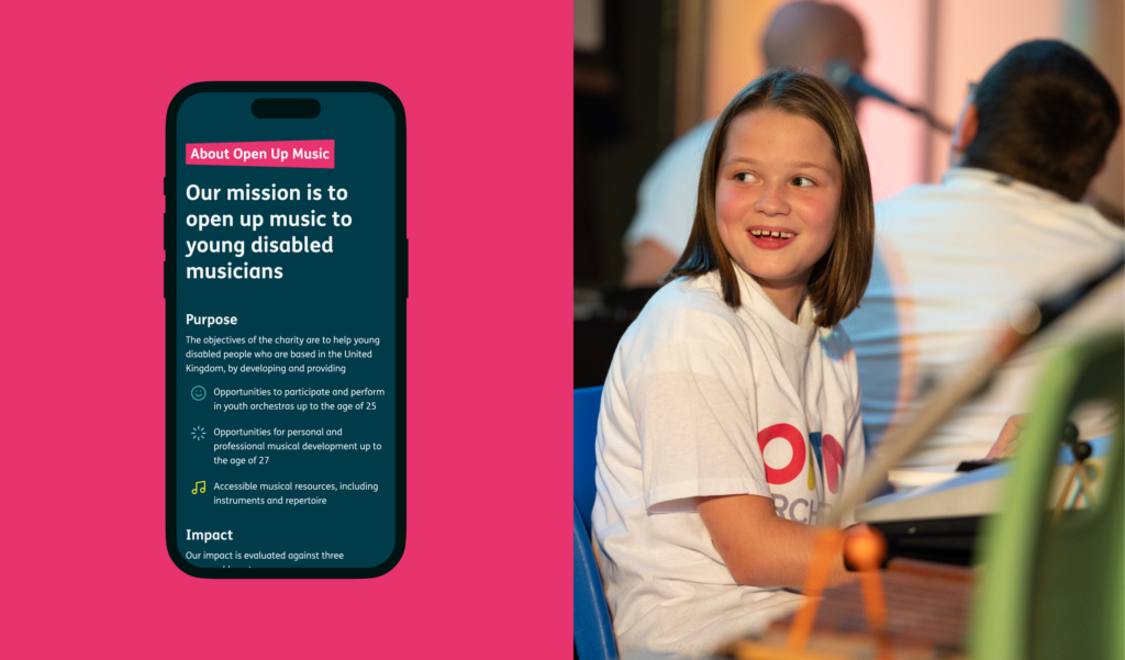 The new Open Up Music website displayed on a mobile, with a pink background, to the right a young girl experiences a workshop. 