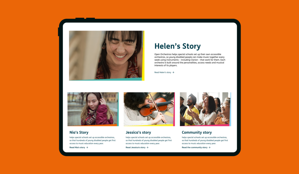 The new Open Up Music website displayed on a tablet with an orange background. 